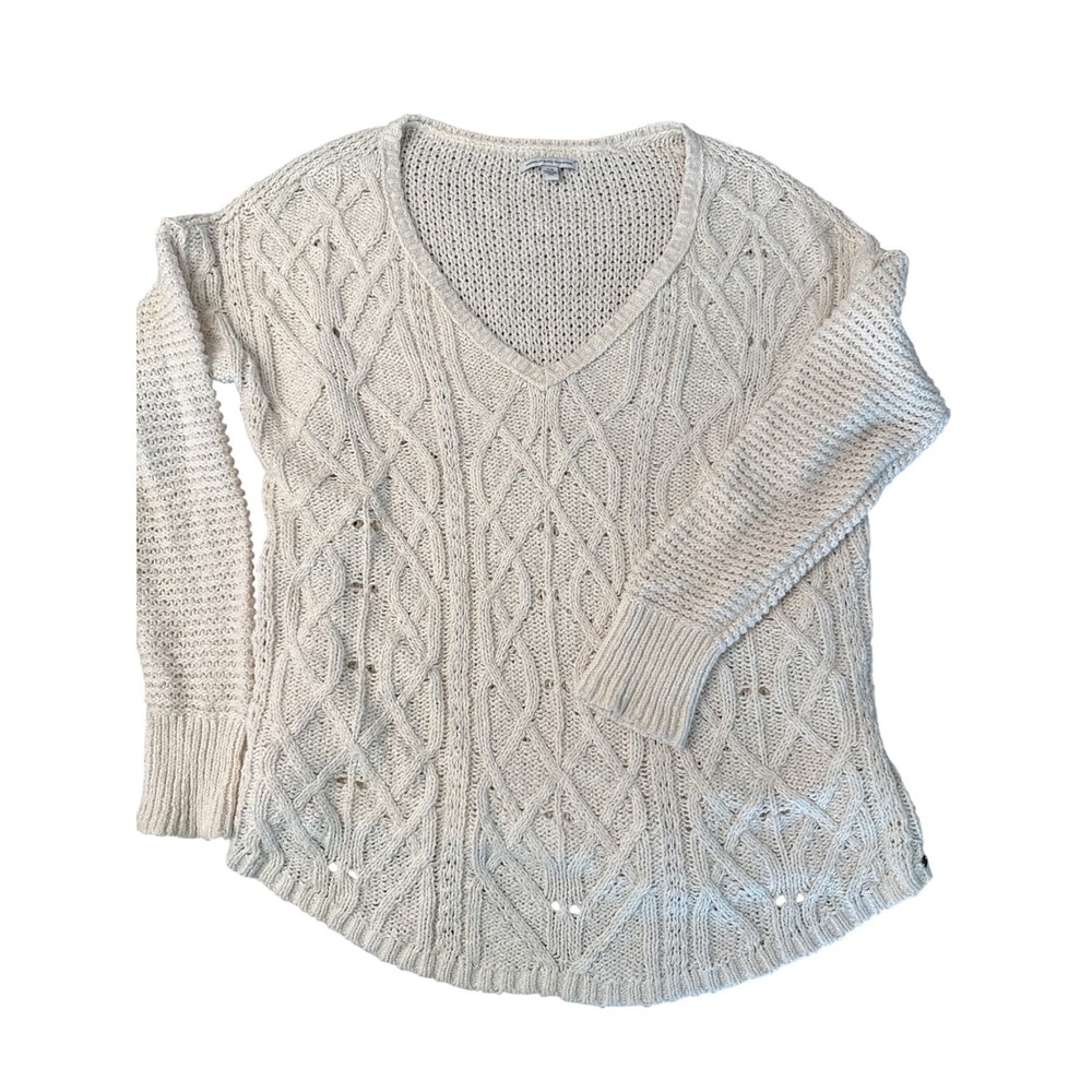 American Eagle Outfitters Women's Cable Knit‎ V Neck Sweater Cream Soft Chunky
